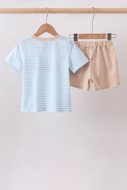 Blue Puppy Ball Embroidered Stripe Shorts Set