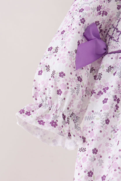 Purple floral smocked bow bubble