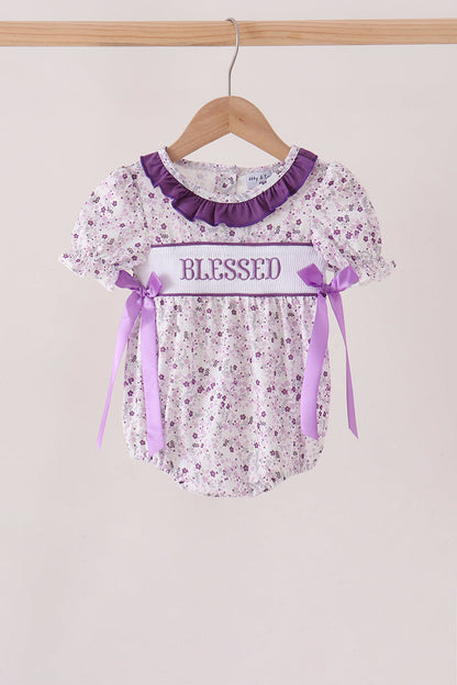 Purple floral blessed smocked ruffle bubble