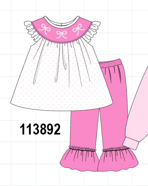 Pink bow pearl ruffle pants set