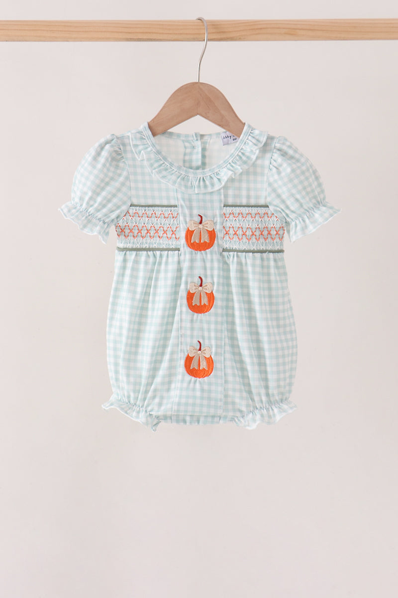 Sage pumpkin smocked gingham bubble