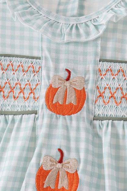Sage pumpkin smocked gingham bubble