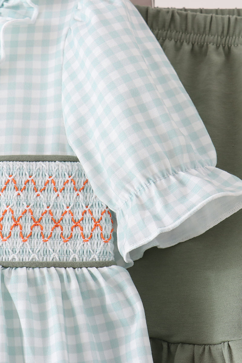 Sage pumpkin smocked gingham ruffle shorts set
