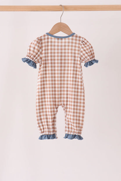 Brown turkey pumpkin embroidery gingham ruffle romper