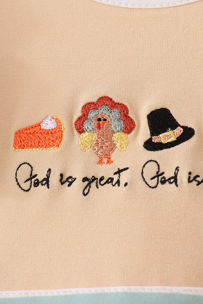 God is great god is good embroidery ruffle bloomer set