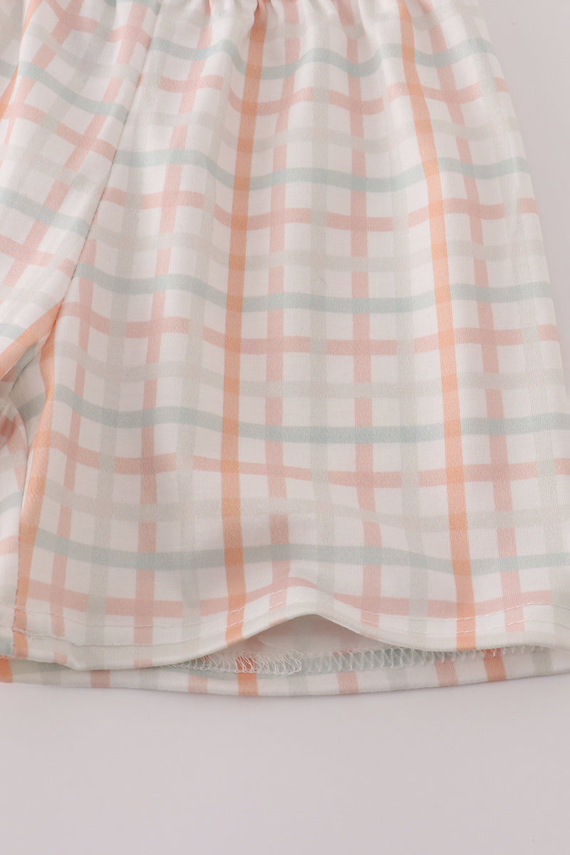 Neutral plaid french knot shorts set