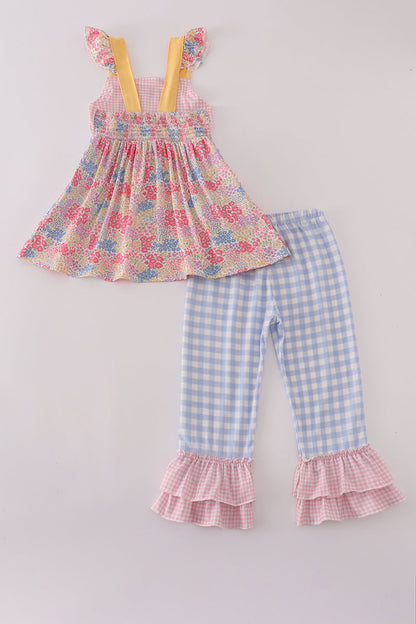 Pink floral pumpkin embroidery ruffle pants set