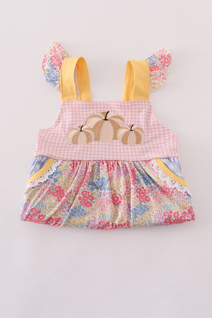 Pink floral pumpkin embroidery ruffle pants set