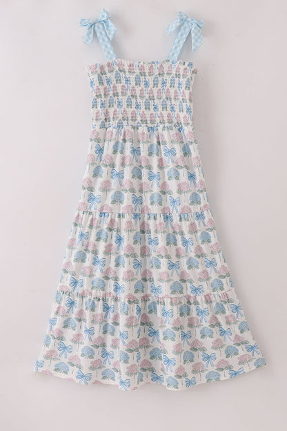 Blue hydrangea bow smocked mom&me dress