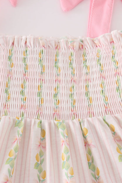 Pink lemon print bow smocked tiered mom&me dress