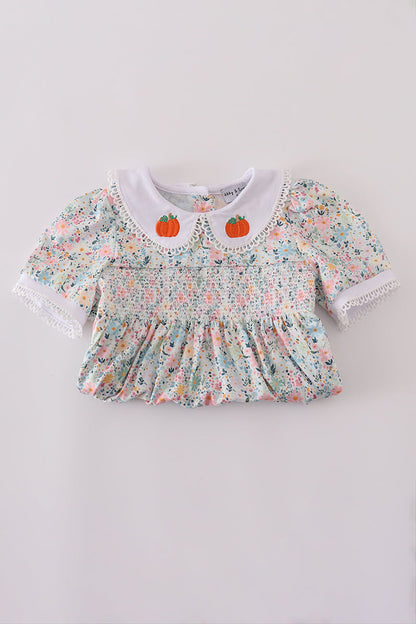 Green floral pumpkin embroidery smocked ruffle pants set