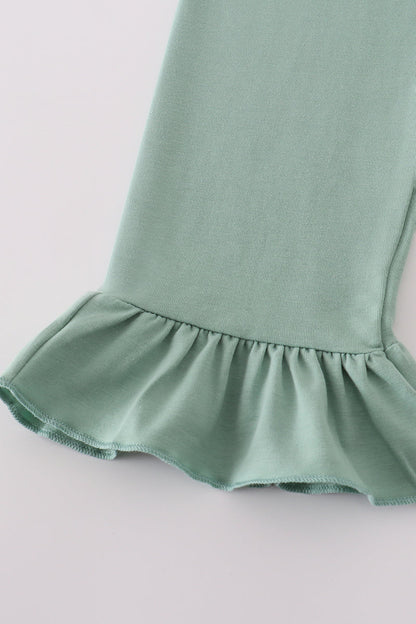 Green floral pumpkin embroidery smocked ruffle pants set