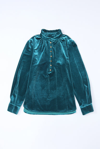 Skobeloff Velvet Buttoned Front Ruffled Mini Dress