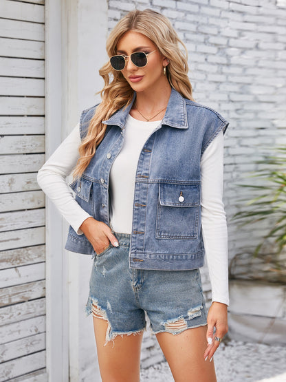 Cap Sleeve Denim Jacket with Pockets