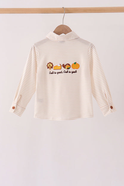 Cream turkey pumpkin embroidery button down shirt