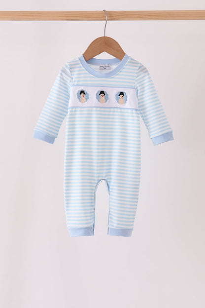 Blue turkey embroidery stripe romper