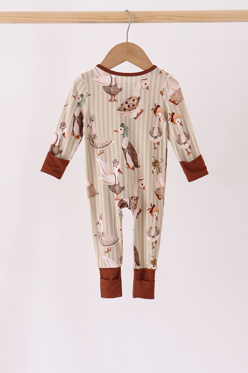 Brown goose print bamboo zipper romper