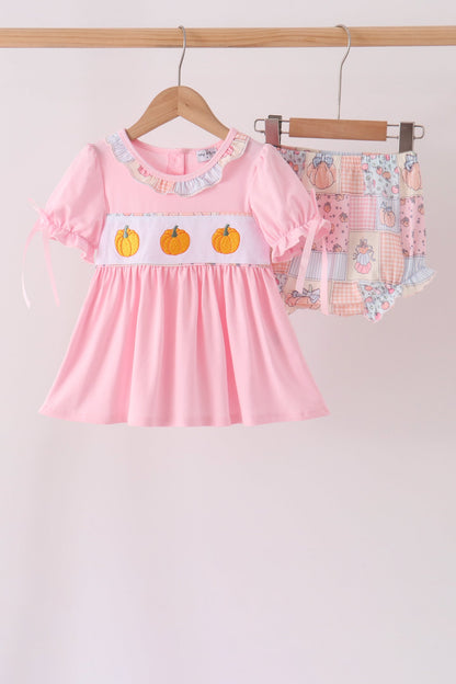 Pink pumpkin embroidery ruffle bloomer set