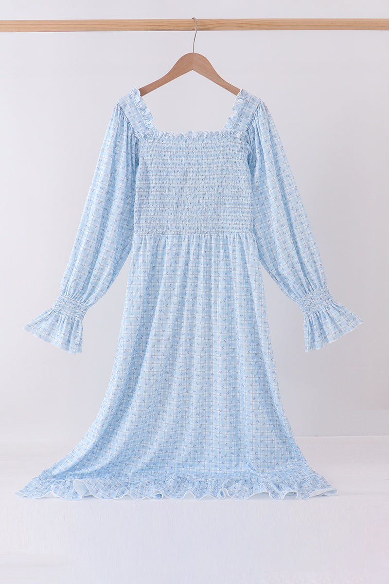 Blue floral smocked mom dress