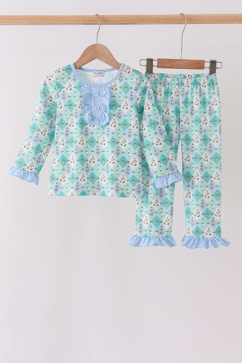 Green santa print ruffle pajama set
