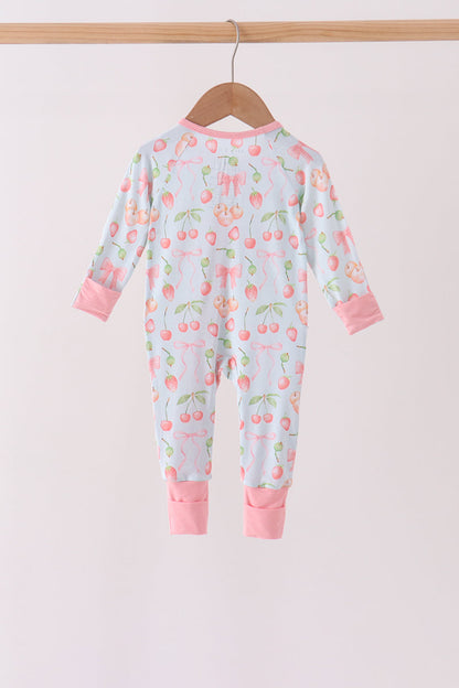 Pink bow cherry zipper bamboo romper