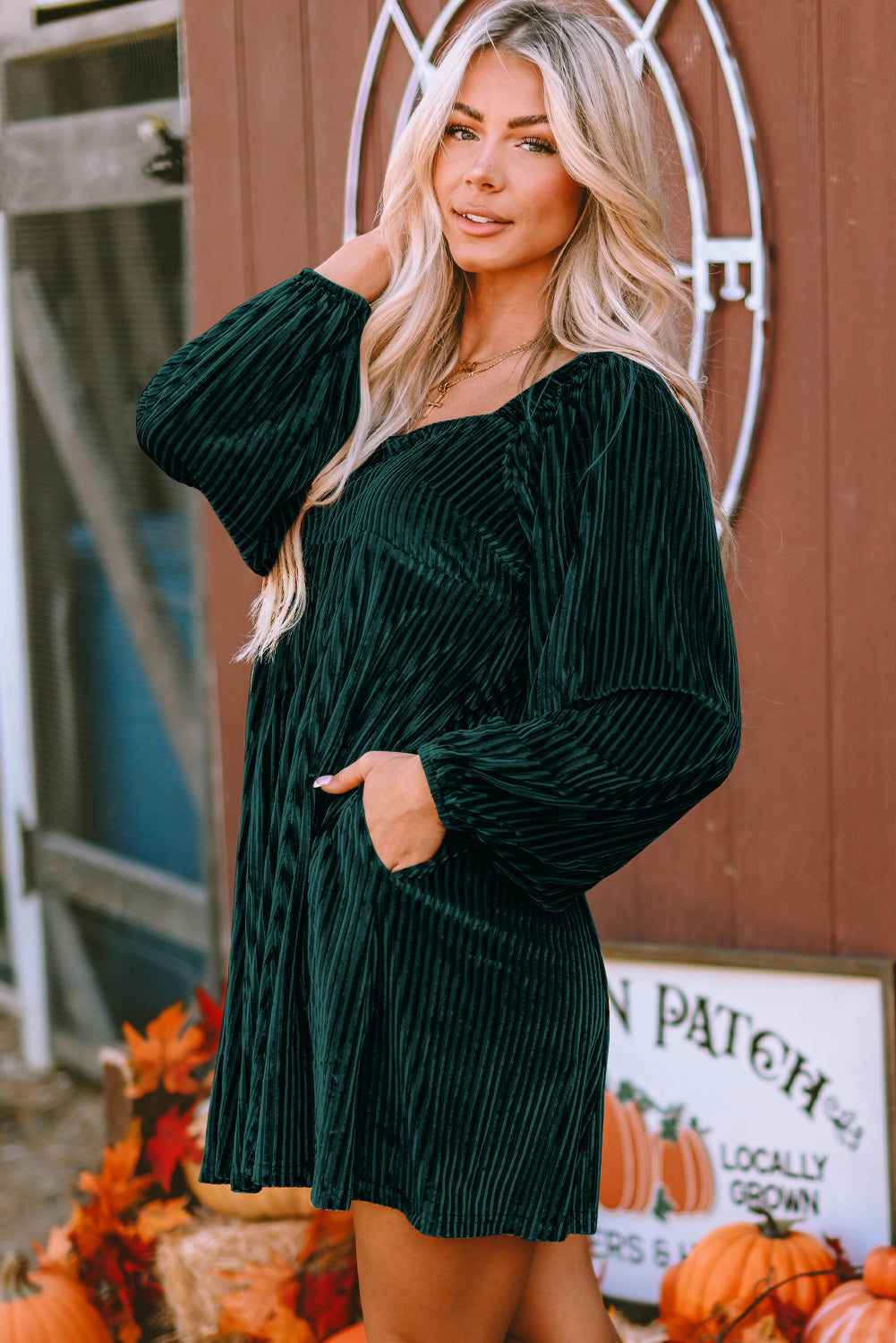 Pale Chestnut Long Sleeve Tiered Ribbed Velvet Dress