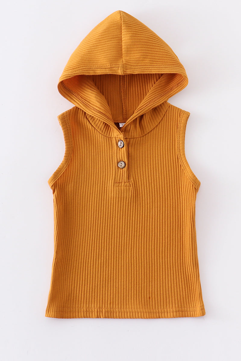 Mustard ribbed cotton sleeveless hoodie