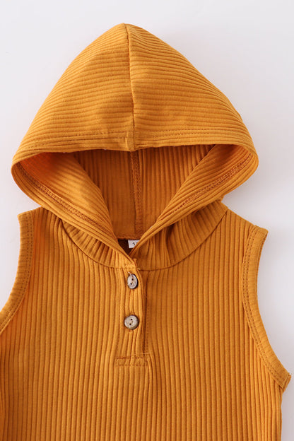 Mustard ribbed cotton sleeveless hoodie