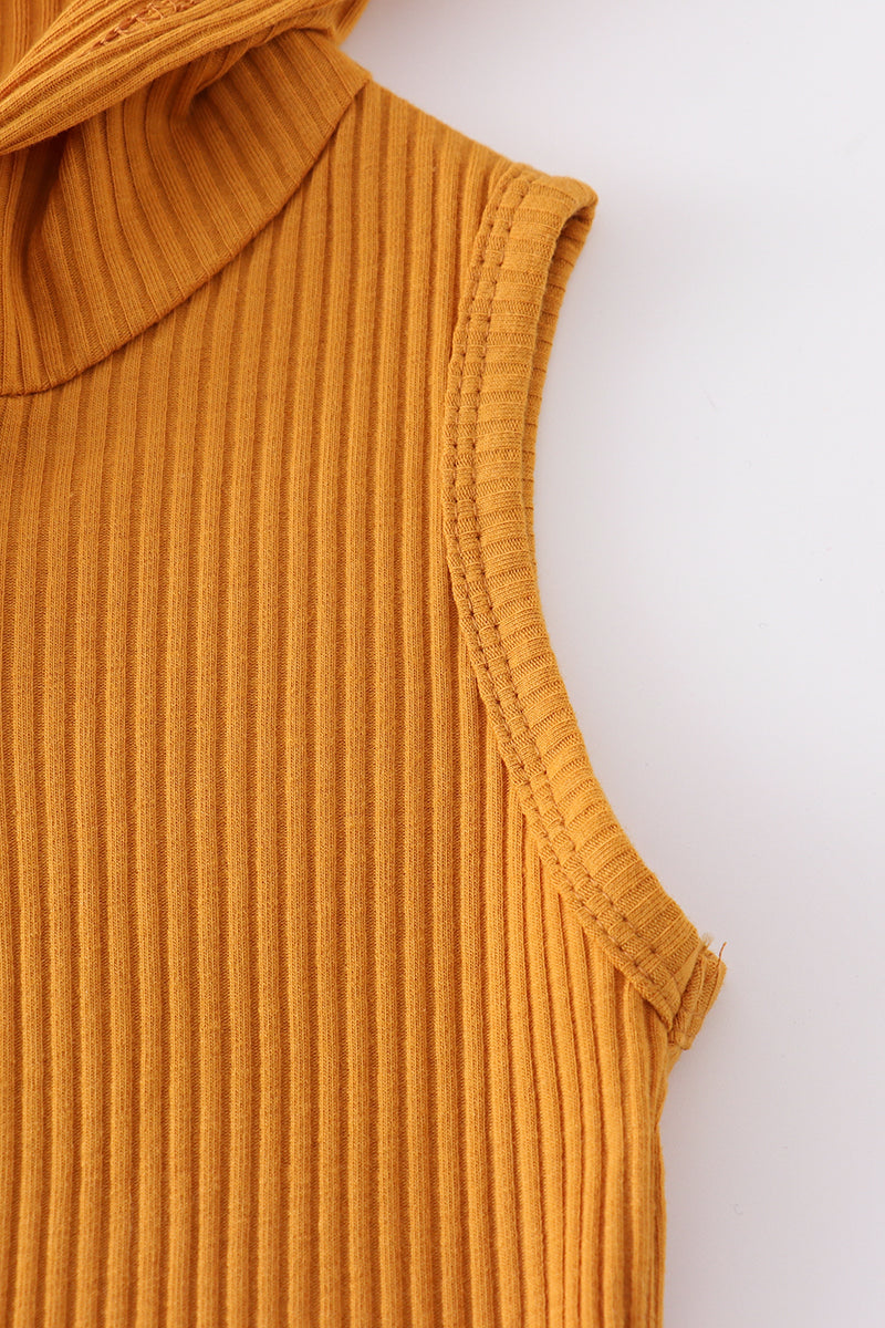 Mustard ribbed cotton sleeveless hoodie