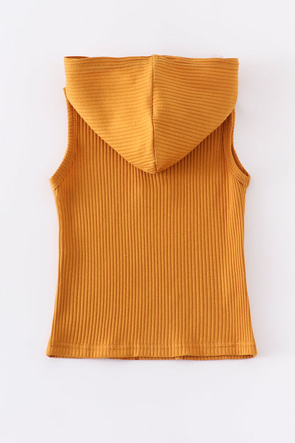 Mustard ribbed cotton sleeveless hoodie