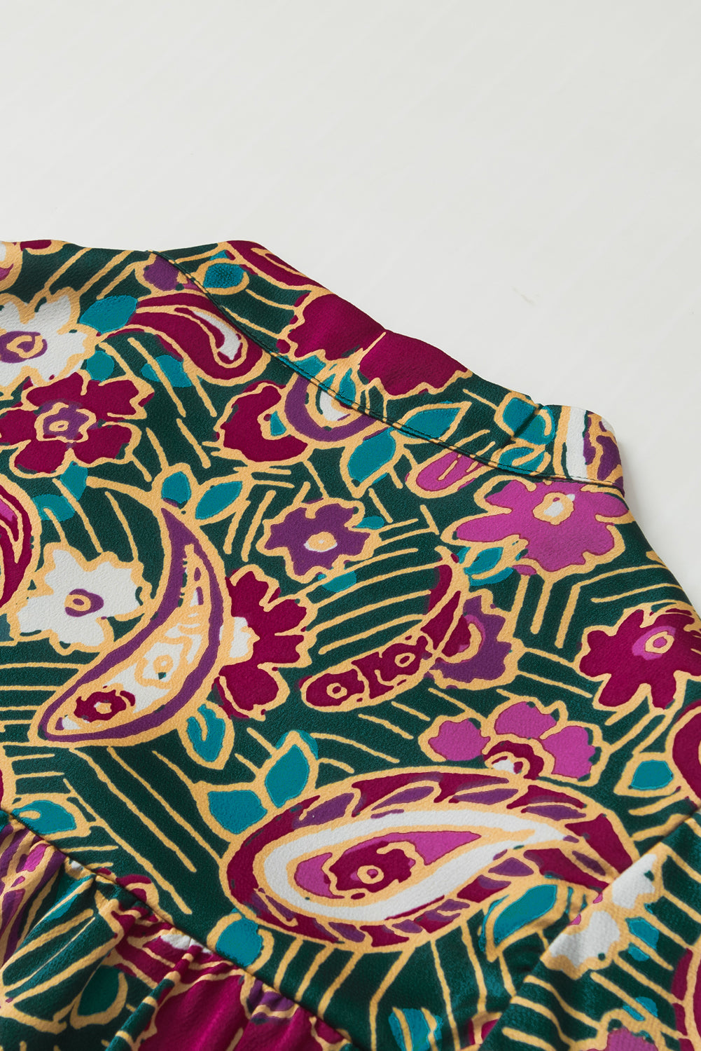 Green Paisley Print Flutter Sleeve Tiered Ruffle Dress