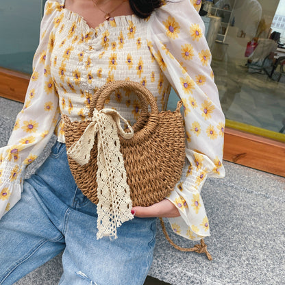 Drawstring Straw Braided Crossbody Bag