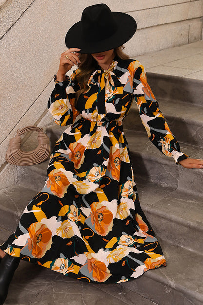 Multicolor Floral Print Waist Tie Pleated Midi Shirt Dress