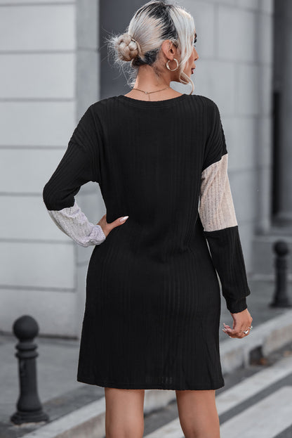 Black Color Block Drop Shoulder Rib Knit Mini Dress