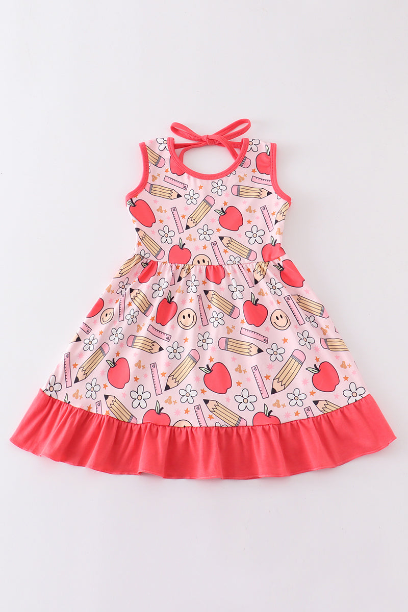 Red apple pencil print girl dress
