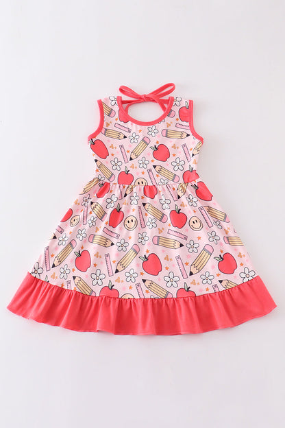 Red apple pencil print girl dress