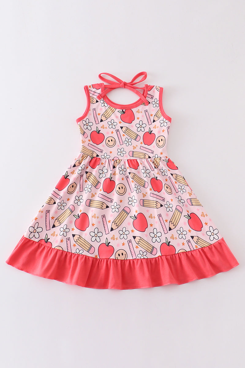 Red apple pencil print girl dress
