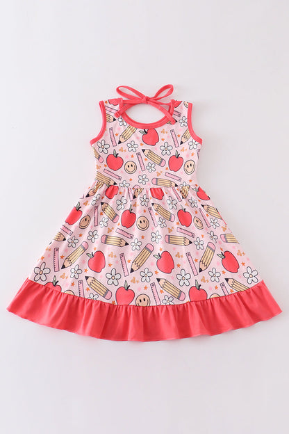 Red apple pencil print girl dress