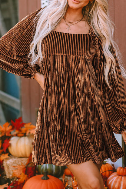 Pale Chestnut Long Sleeve Tiered Ribbed Velvet Dress