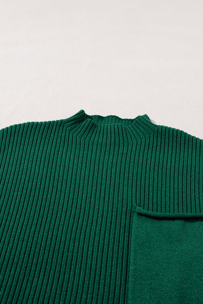 Blackish Green Patch Pocket Ribbed Knit Short Sleeve Sweater Dress