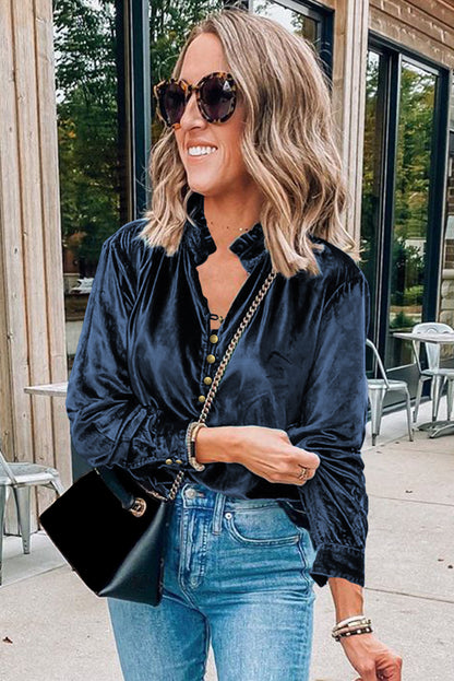 Skobeloff Velvet Buttoned Front Ruffled Mini Dress
