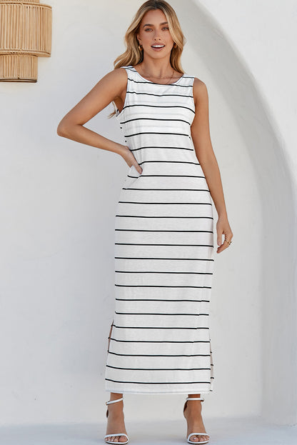Black Stripe Print Open Back Sleeveless Maxi Dress with Slits