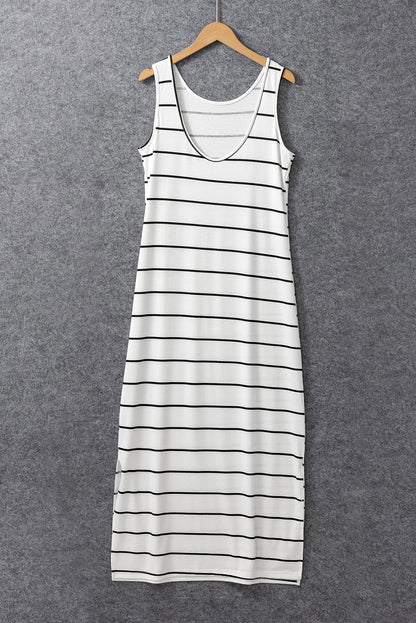 Black Stripe Print Open Back Sleeveless Maxi Dress with Slits