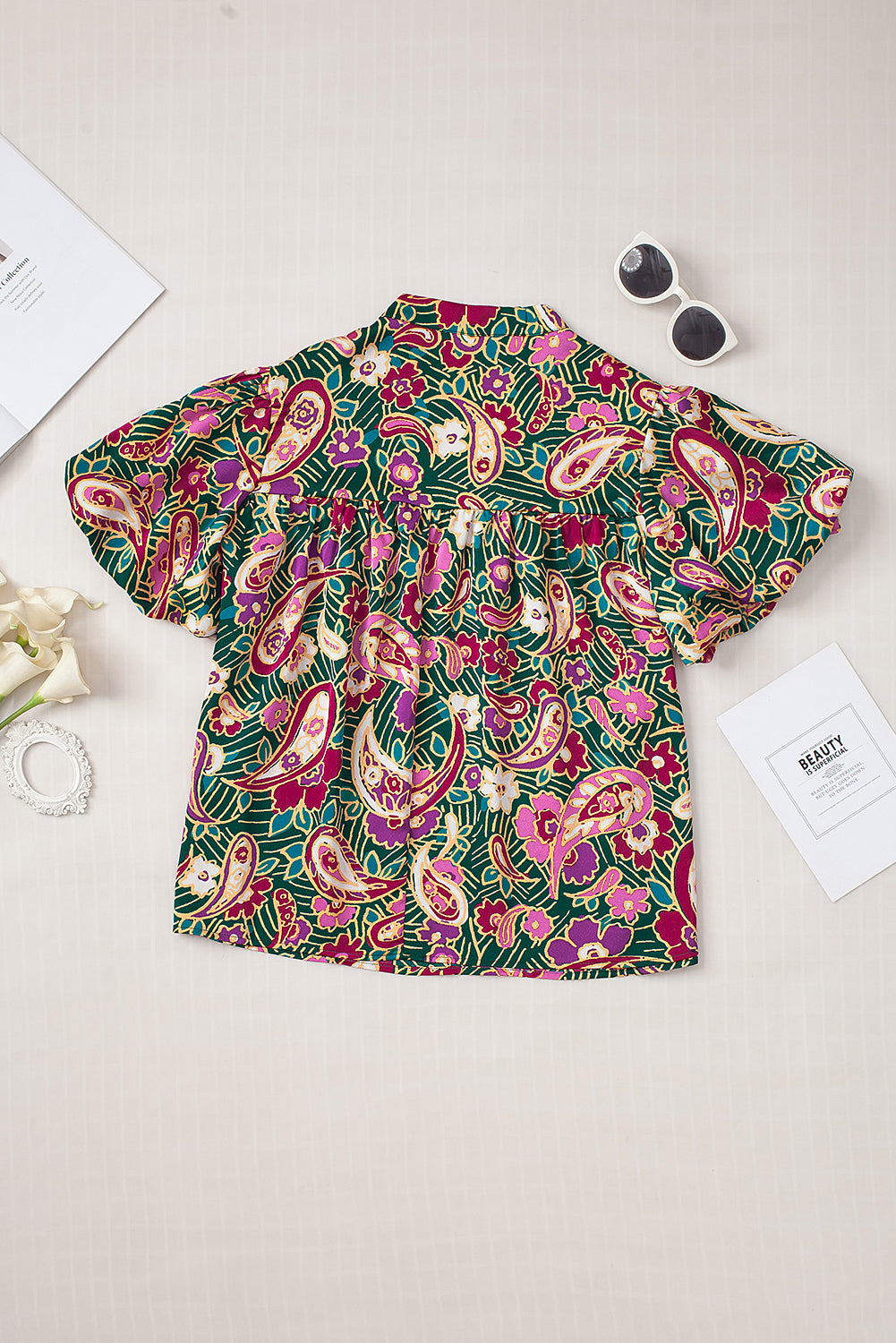 Green Paisley Print Flutter Sleeve Tiered Ruffle Dress
