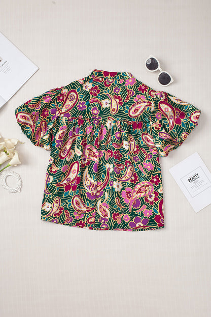 Green Paisley Print Flutter Sleeve Tiered Ruffle Dress