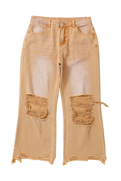 Black Distressed Hollow-out High Waist Cropped Flare Jeans