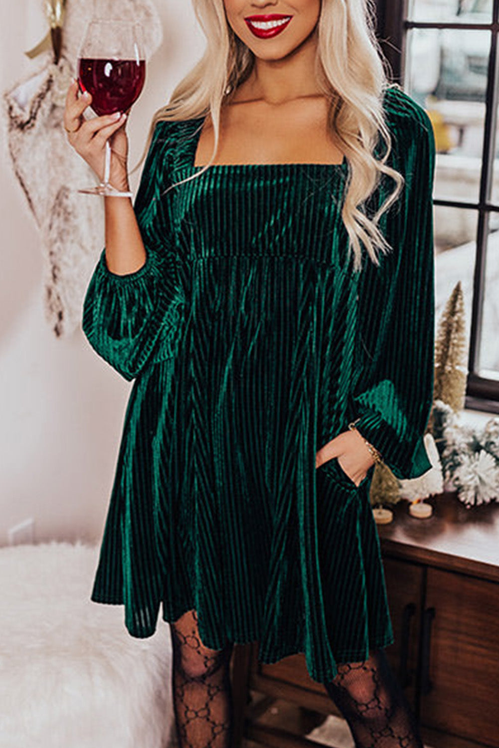 Pale Chestnut Long Sleeve Tiered Ribbed Velvet Dress