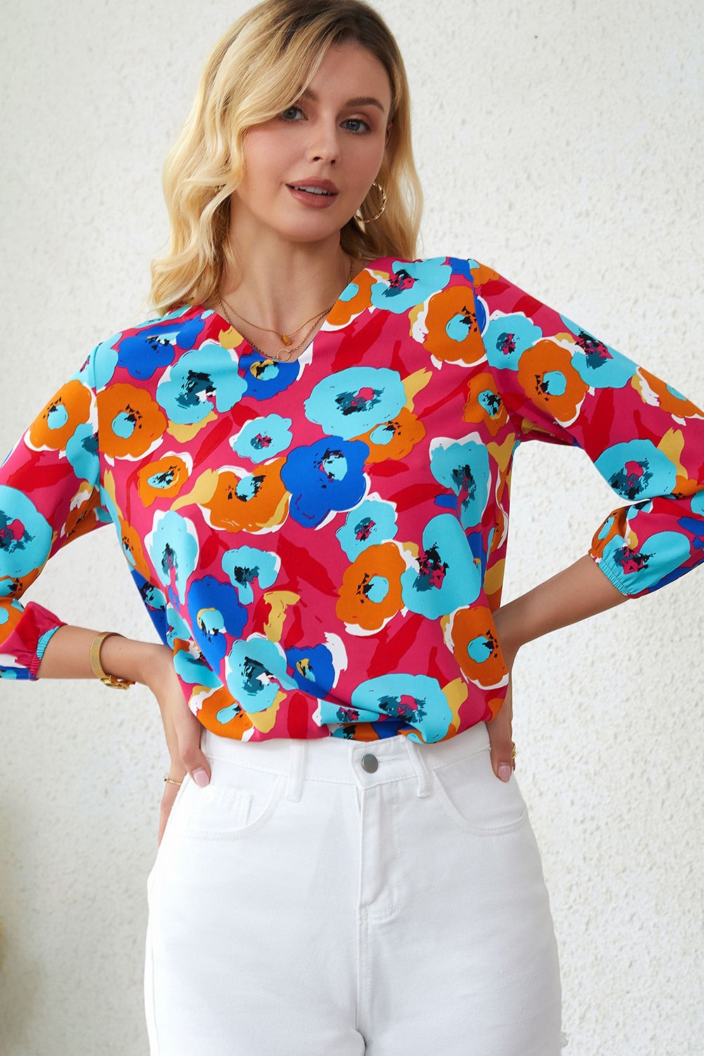 Rose Split V Collar Ruffle Sleeve Floral Shift Dress
