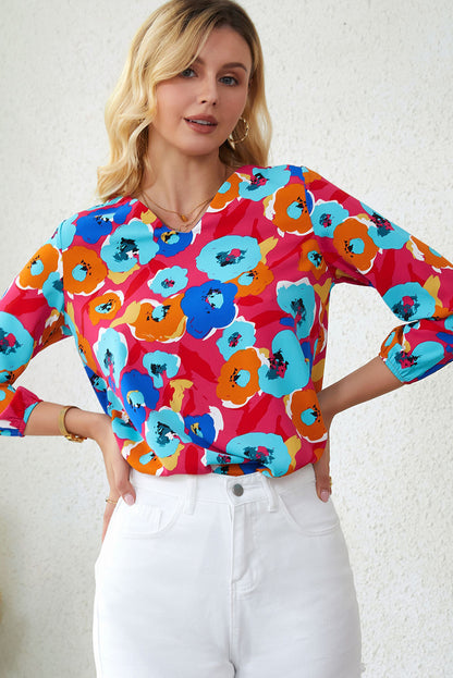 Rose Split V Collar Ruffle Sleeve Floral Shift Dress