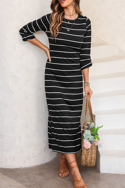 Black Stripe Print Open Back Sleeveless Maxi Dress with Slits